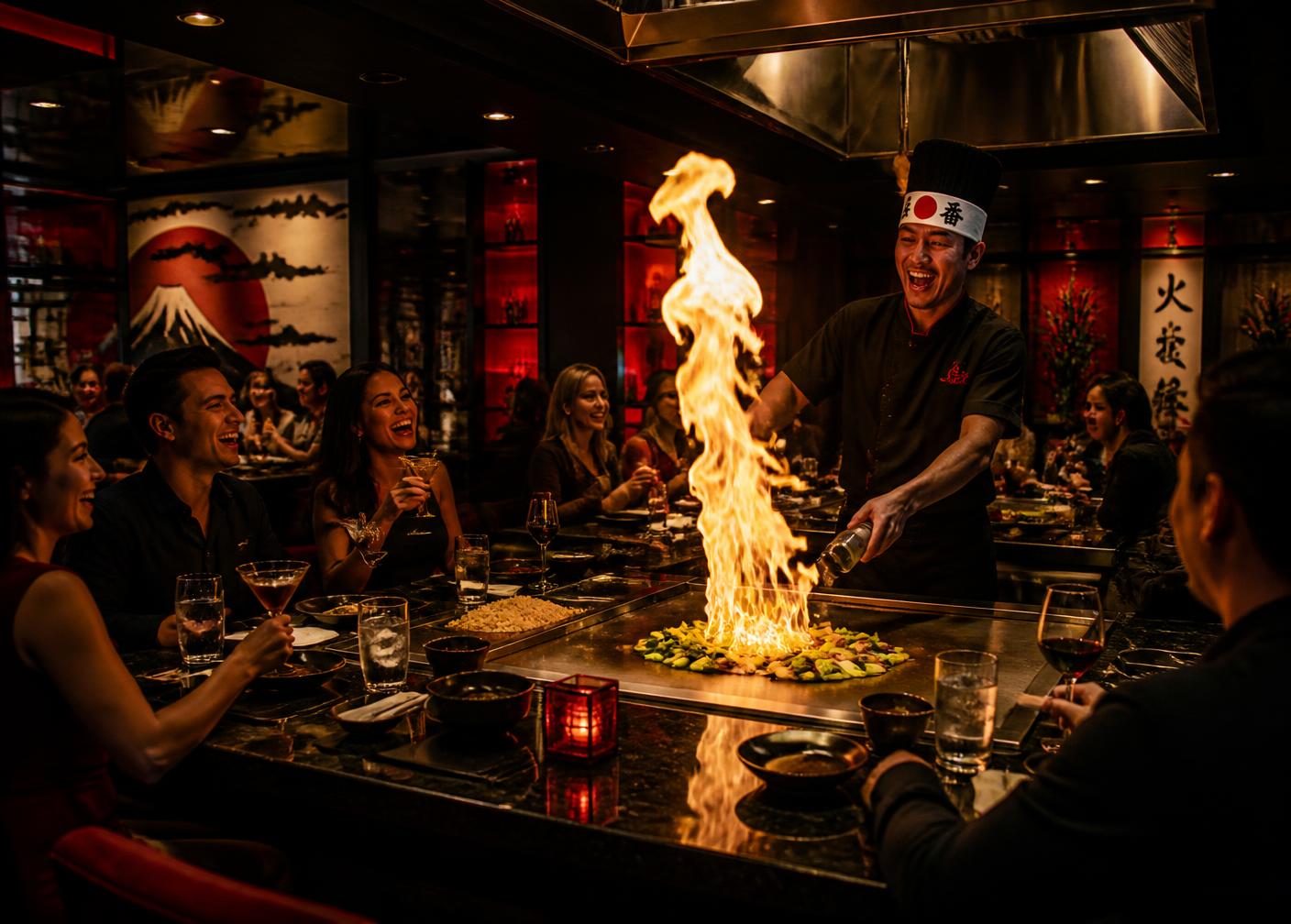 Guests laughing around a hibachi grill as the chef sends up a tower of flame